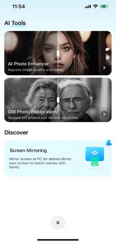 AI tools for photo enhancement and restoration, featuring screen mirroring for seamless presentations and viewing.