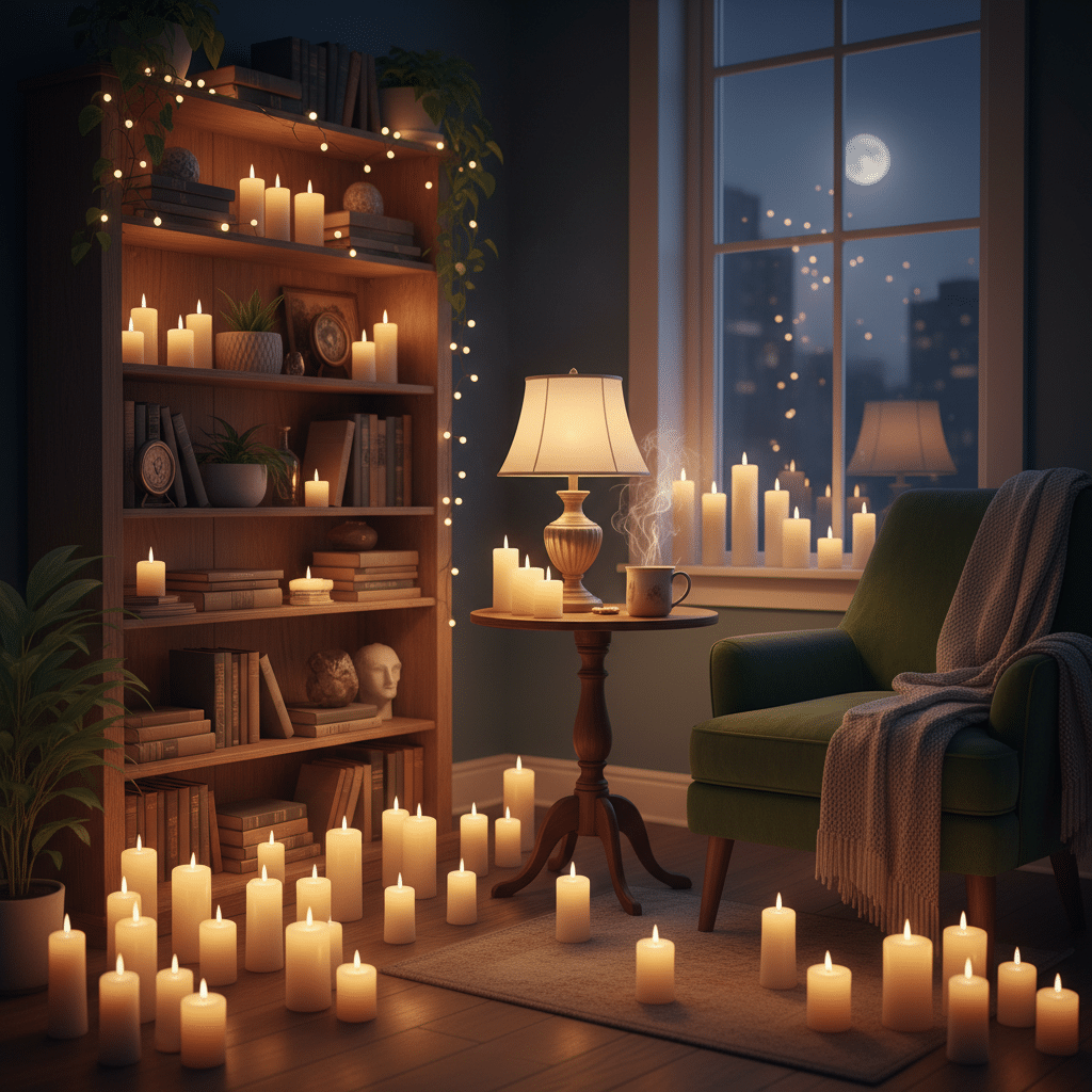 image Cozy reading nook with candles, armchair, and bookshelf, creating a warm ambiance under a moonlit night. | Sky Rye Design Cozy reading nook with candles, armchair, and bookshelf, creating a warm ambiance under a moonlit night.