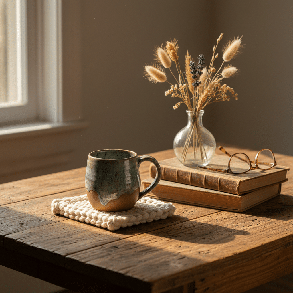 image Cozy tabletop with ceramic mug, dried flowers, books, and glasses in warm sunlight. Perfect for relaxation or study. | Sky Rye Design Cozy tabletop with ceramic mug, dried flowers, books, and glasses in warm sunlight. Perfect for relaxation or study.