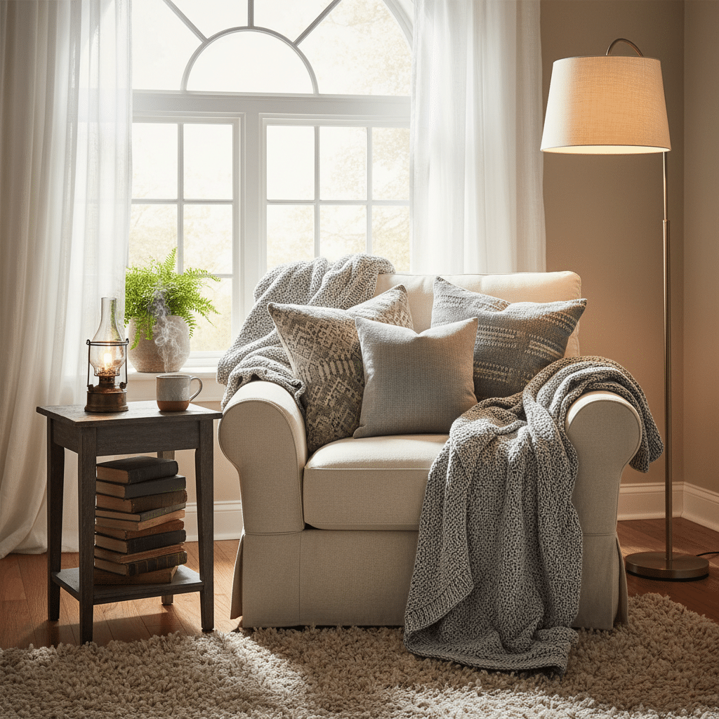 image Cozy armchair with pillows and blanket beside a lamp and a side table with books in a sunlit room. | Sky Rye Design Cozy armchair with pillows and blanket beside a lamp and a side table with books in a sunlit room.