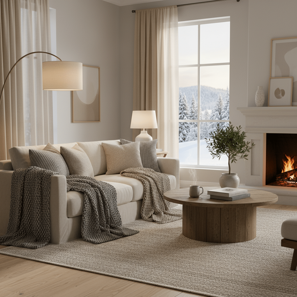 image Cozy living room with neutral sofa, pillows, and a warm fireplace. Snowy winter scene visible through large window. | Sky Rye Design Cozy living room with neutral sofa, pillows, and a warm fireplace. Snowy winter scene visible through large window.