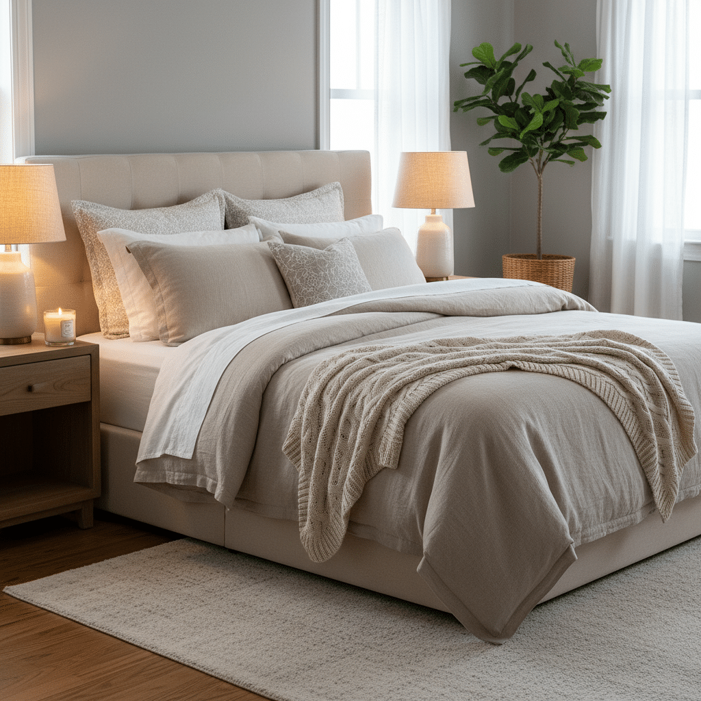 image Cozy, modern bedroom with neutral bedding, soft lighting, and a potted plant for a serene, inviting atmosphere. | Sky Rye Design Cozy, modern bedroom with neutral bedding, soft lighting, and a potted plant for a serene, inviting atmosphere.