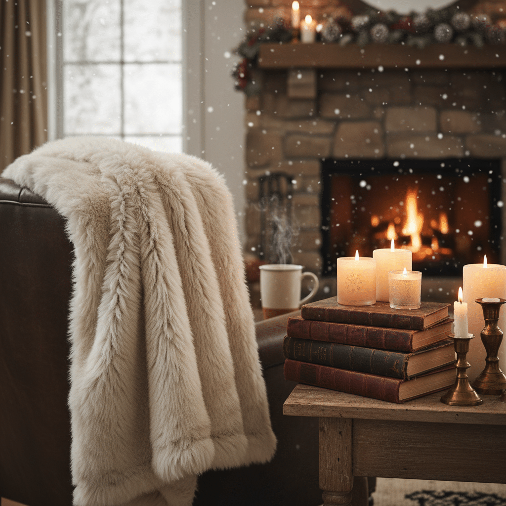 image Cozy living room with candles, books, and a warm blanket by a roaring fireplace, creating a winter ambiance. | Sky Rye Design Cozy living room with candles, books, and a warm blanket by a roaring fireplace, creating a winter ambiance.