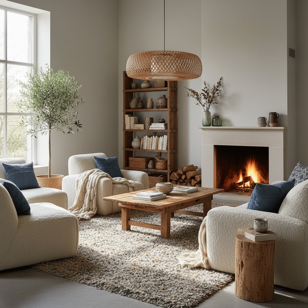 image Cozy living room with fireplace, beige sofas, wooden table, and decorative plant, styled for comfort and warmth. | Sky Rye Design Cozy living room with fireplace, beige sofas, wooden table, and decorative plant, styled for comfort and warmth.