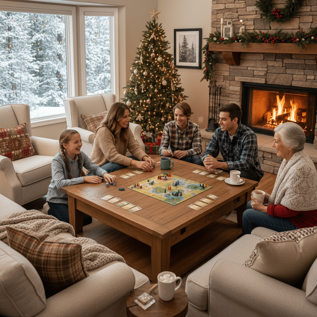 image Family enjoying board game by fireplace, Christmas tree in background, cozy winter gathering with hot cocoa. | Sky Rye Design Family enjoying board game by fireplace, Christmas tree in background, cozy winter gathering with hot cocoa.