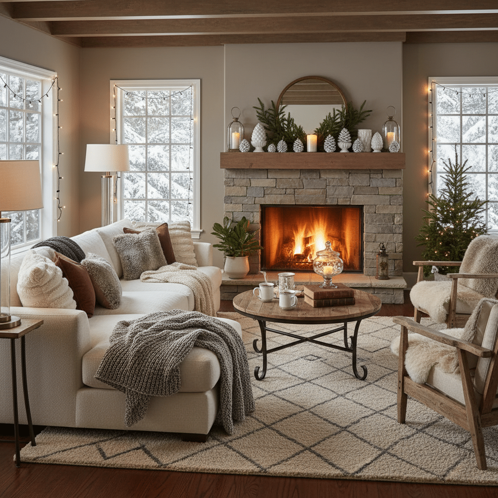 image Cozy living room with a roaring fireplace, decorated for winter. White sofa, wooden table, tree, and candles. | Sky Rye Design Cozy living room with a roaring fireplace, decorated for winter. White sofa, wooden table, tree, and candles.