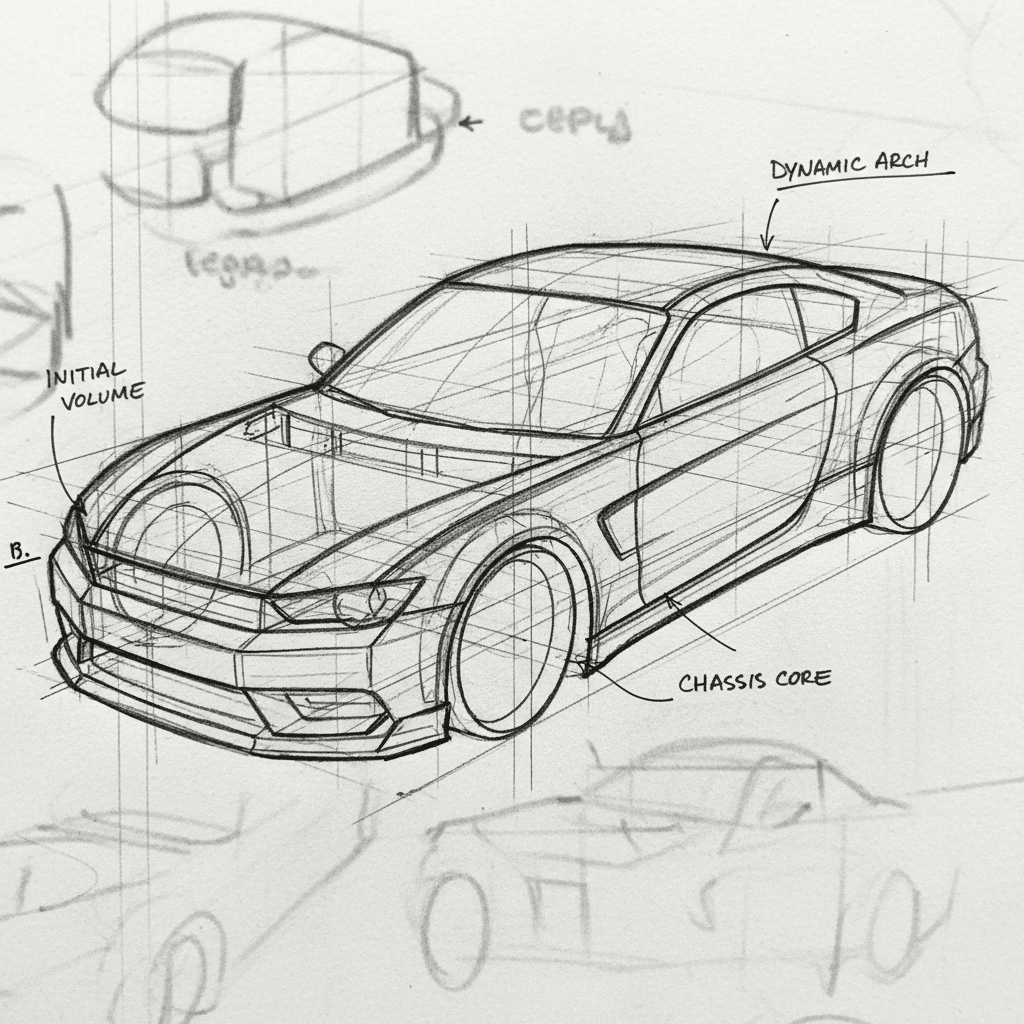 image Pencil sketch of a sports car design, highlighting its dynamic arch and chassis core for aerodynamic efficiency. | Sky Rye Design Pencil sketch of a sports car design, highlighting its dynamic arch and chassis core for aerodynamic efficiency.