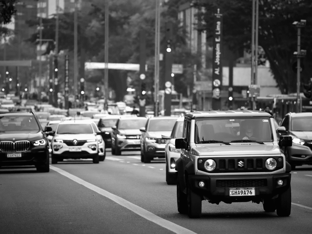 Black and white city traffic scene with multiple cars driving on a busy street.