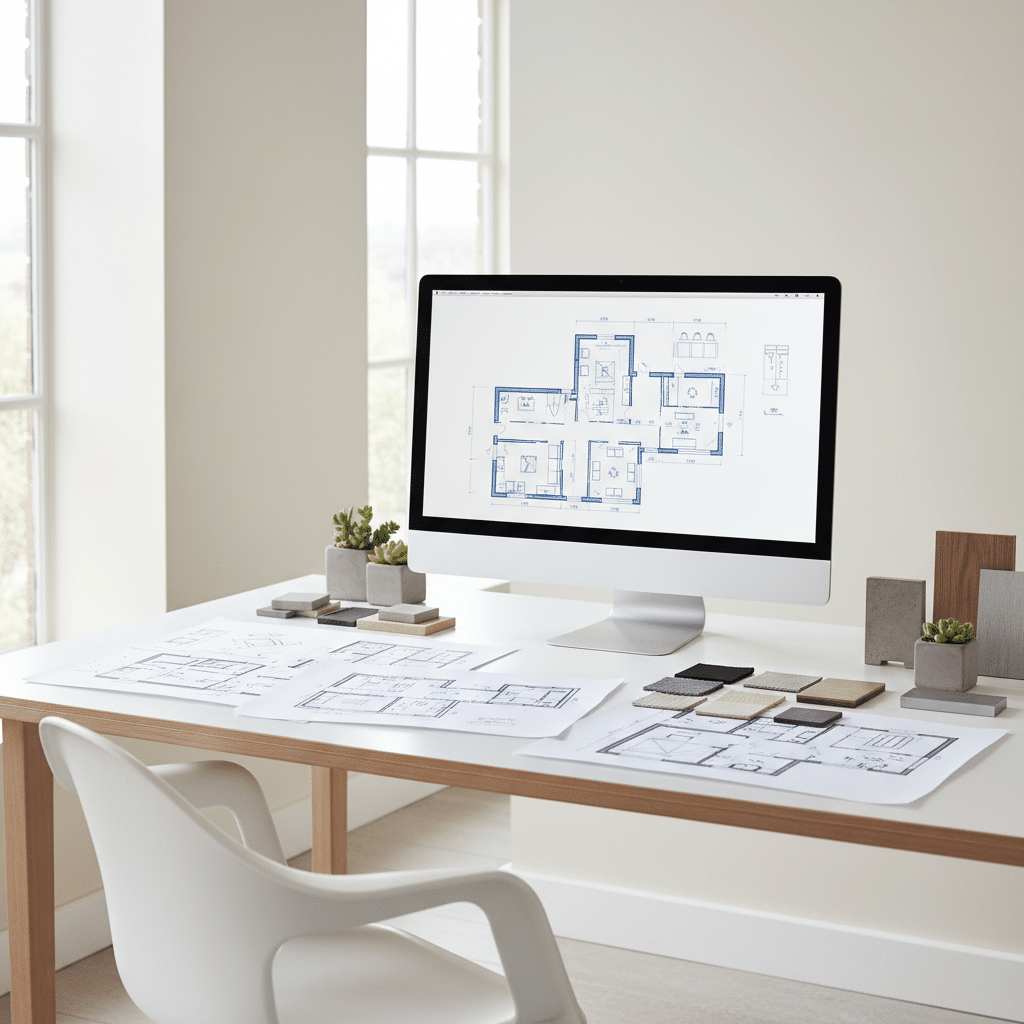 image Modern desk with computer displaying architectural floor plan, surrounded by blueprints and sample materials. | Sky Rye Design Modern desk with computer displaying architectural floor plan, surrounded by blueprints and sample materials.