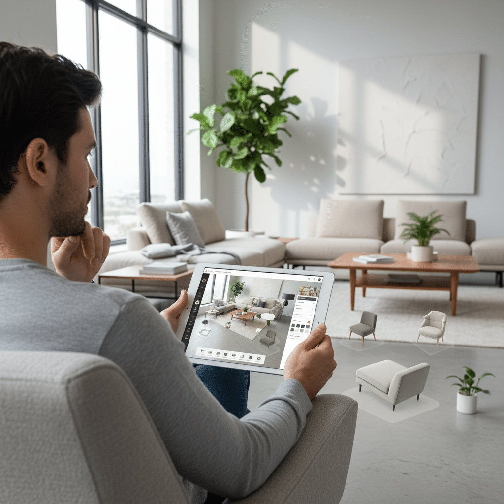 image Man using tablet for virtual interior design in modern living room with beige furniture and plants. | Sky Rye Design Man using tablet for virtual interior design in modern living room with beige furniture and plants.