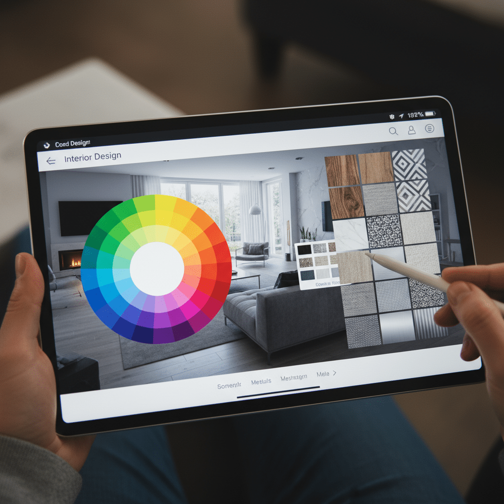 image Tablet displaying interior design app with color wheel and material samples, featuring a modern living room. | Sky Rye Design Tablet displaying interior design app with color wheel and material samples, featuring a modern living room.