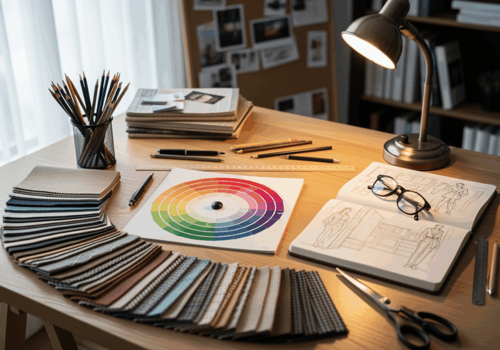 image Design workspace with fabric swatches, color wheel, sketches, pencils, and a lamp on a wooden desk. | Sky Rye Design Design workspace with fabric swatches, color wheel, sketches, pencils, and a lamp on a wooden desk.