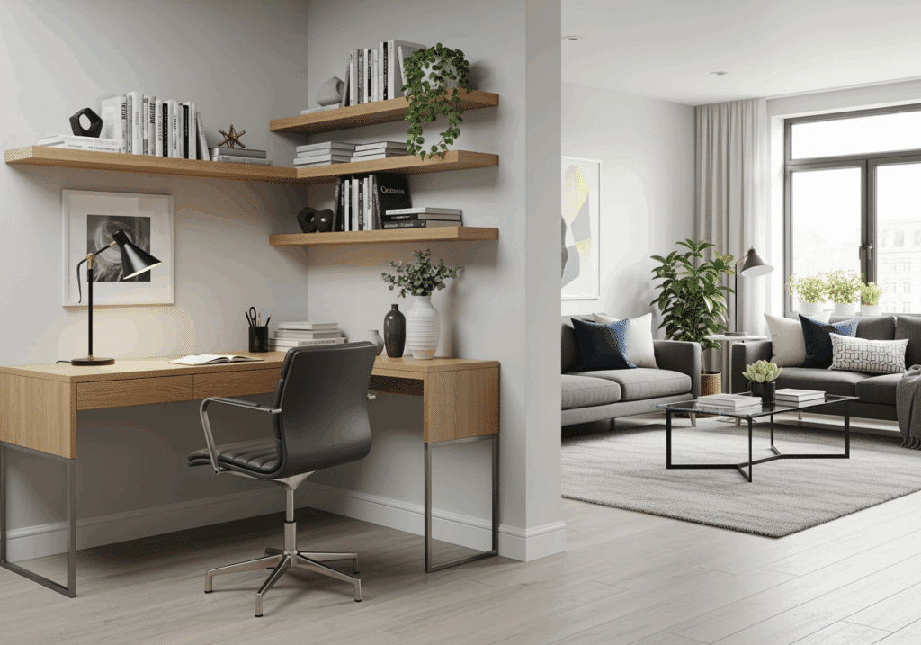 image Modern home office with wooden desk, shelves, and swivel chair, adjacent to a cozy living room with gray sofas. | Sky Rye Design Modern home office with wooden desk, shelves, and swivel chair, adjacent to a cozy living room with gray sofas.