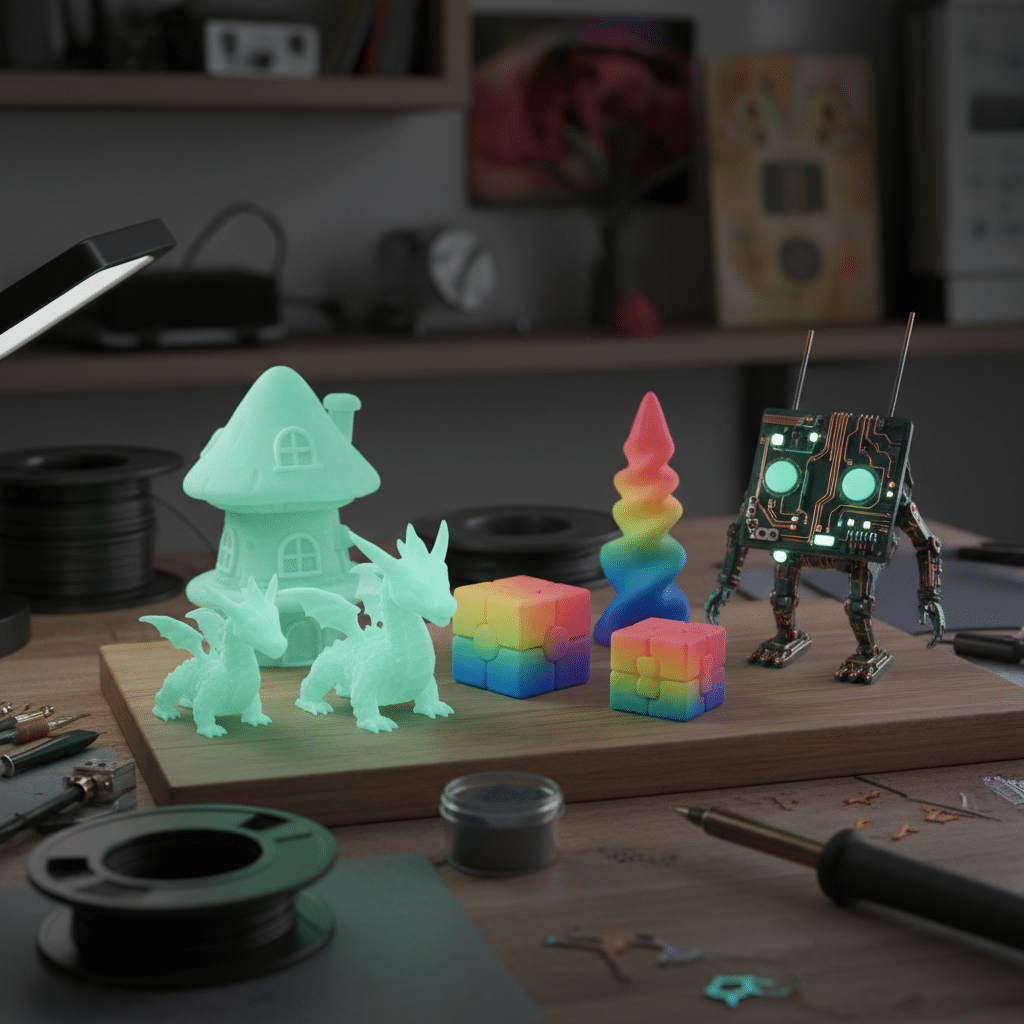 image 3D printed glowing figures, colorful puzzles, and a circuit robot on a desk; creative workspace setup. | Sky Rye Design 3D printed glowing figures, colorful puzzles, and a circuit robot on a desk; creative workspace setup.