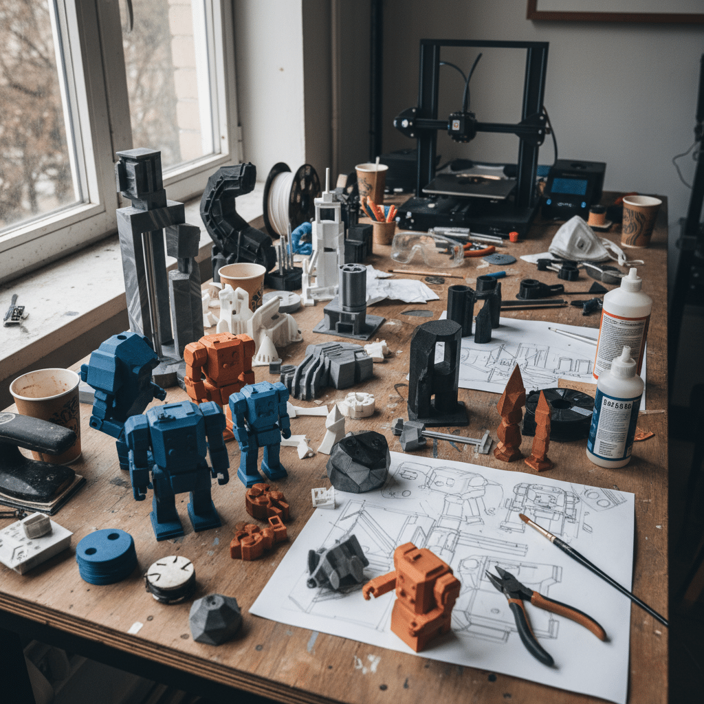 image 3D printer workshop with colorful models, design sketches, and tools on a wooden table near a window. | Sky Rye Design 3D printer workshop with colorful models, design sketches, and tools on a wooden table near a window.