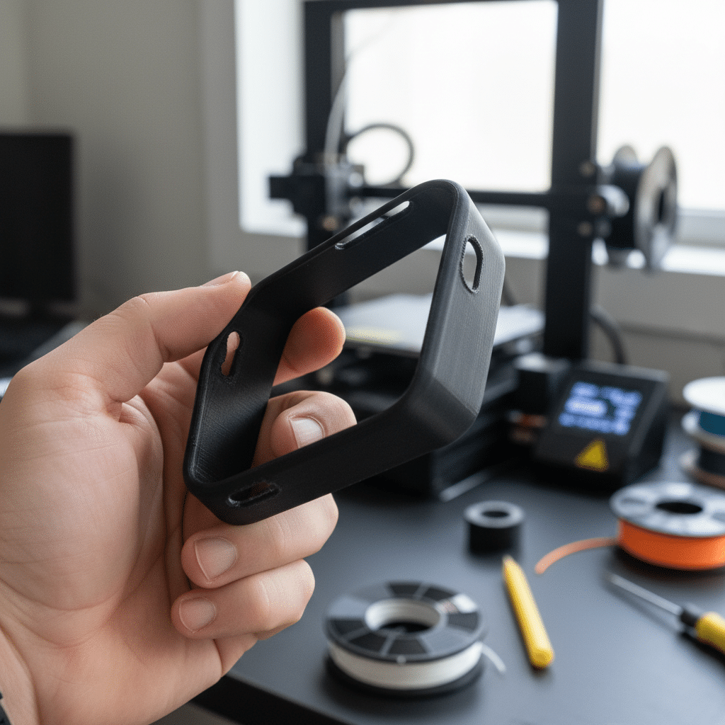 image Hand holding a 3D printed part in front of a 3D printer on a cluttered workbench. | Sky Rye Design Hand holding a 3D printed part in front of a 3D printer on a cluttered workbench.