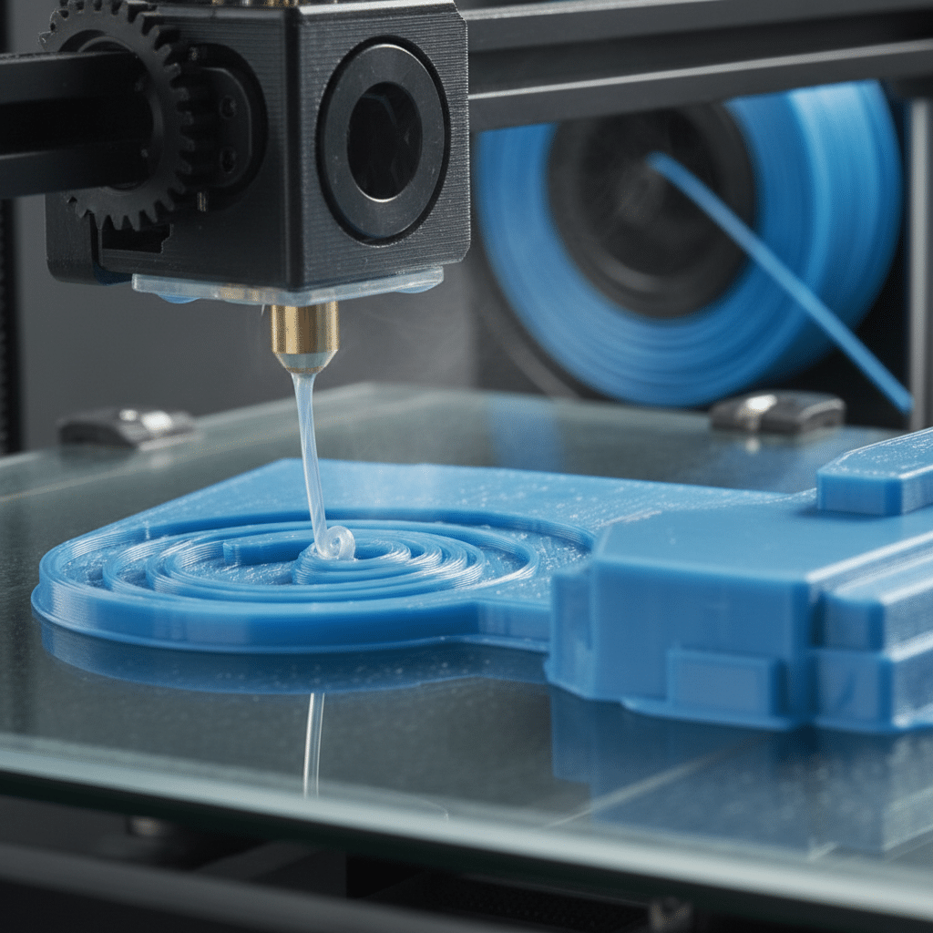 3D printer nozzle creating blue plastic object on glass bed, close-up.
