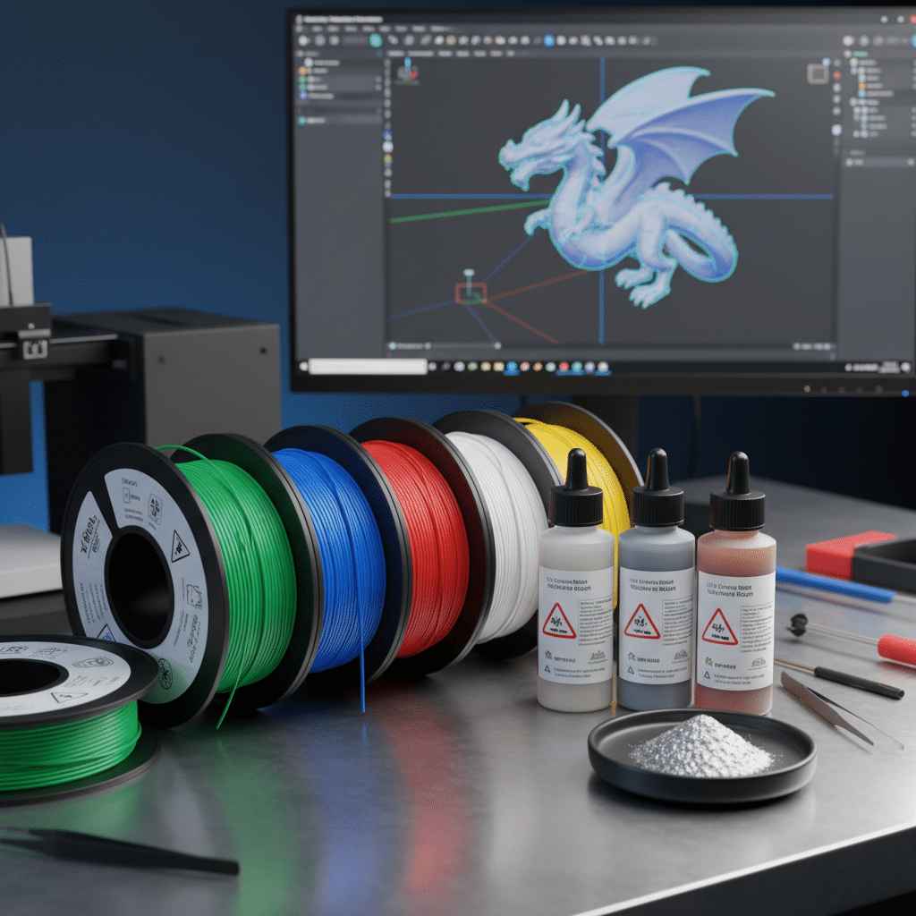 3D printer filament rolls and tools on a desk, with a dragon design displayed on a computer screen in the background.