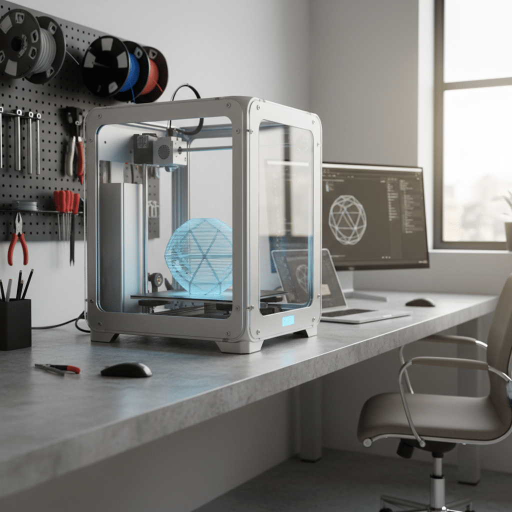 3D printer creating a blue geometric object in a modern workspace with tools and monitors.