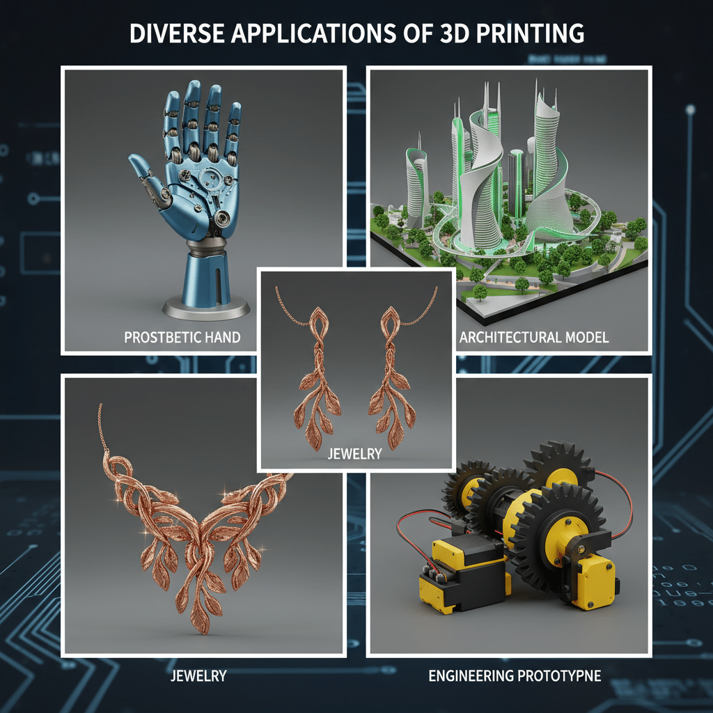 Diverse 3D printing applications: prosthetic hand, architectural model, jewelry, engineering prototype.