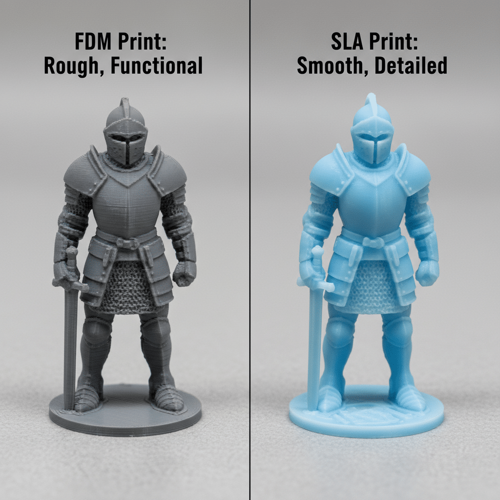 Comparison of FDM and SLA 3D printed knight figures, showcasing rough versus smooth, detailed finishes.