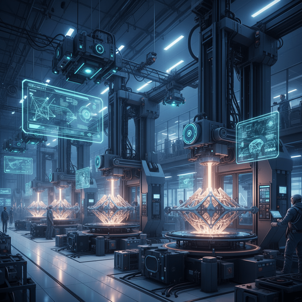 Futuristic high-tech factory with advanced machinery and holographic screens in a spacious industrial setting.