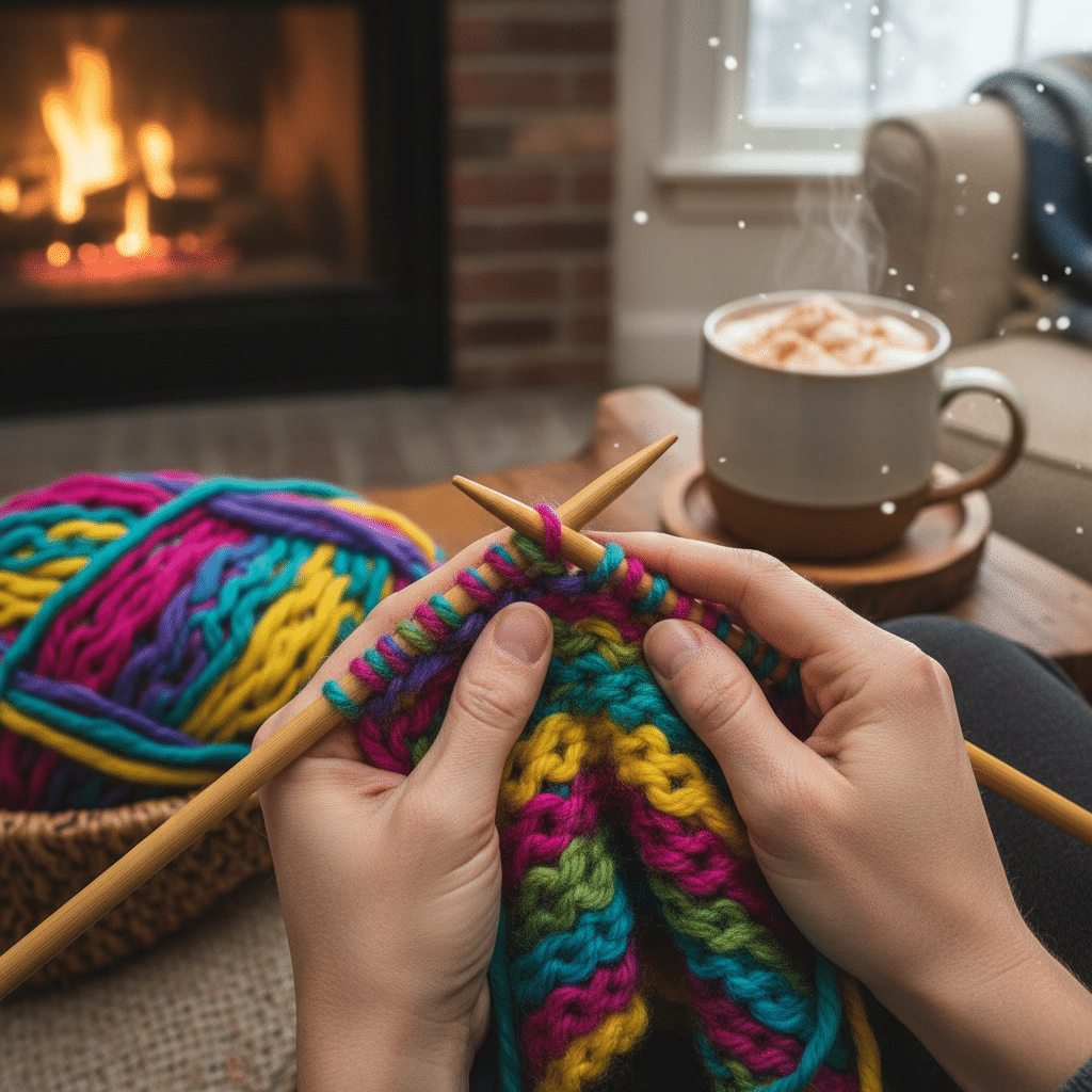 image Person knitting colorful wool by the fireplace, cozy atmosphere with a steaming mug of hot cocoa nearby. | Sky Rye Design Person knitting colorful wool by the fireplace, cozy atmosphere with a steaming mug of hot cocoa nearby.