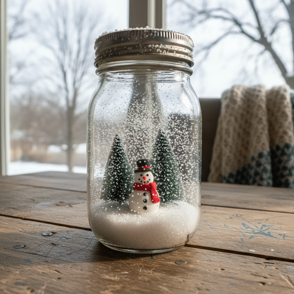image Snow globe jar with a cute snowman and pine trees on a wooden table, snowy winter scene outside. | Sky Rye Design Snow globe jar with a cute snowman and pine trees on a wooden table, snowy winter scene outside.