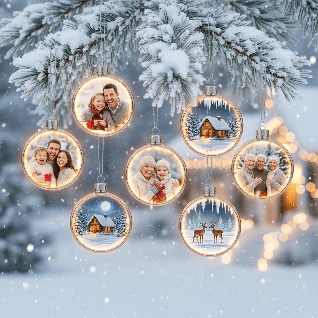 image Snowy Christmas ornaments on a tree branch featuring family portraits and winter scenes. | Sky Rye Design Snowy Christmas ornaments on a tree branch featuring family portraits and winter scenes.