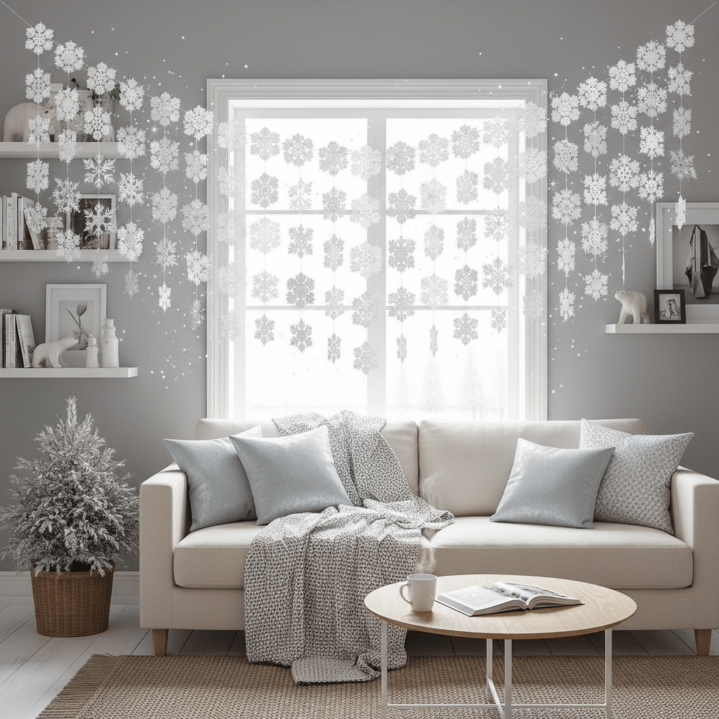 image Cozy living room with snowflake window decor, blue cushions, and a small Christmas tree, perfect for winter relaxation. | Sky Rye Design Cozy living room with snowflake window decor, blue cushions, and a small Christmas tree, perfect for winter relaxation.