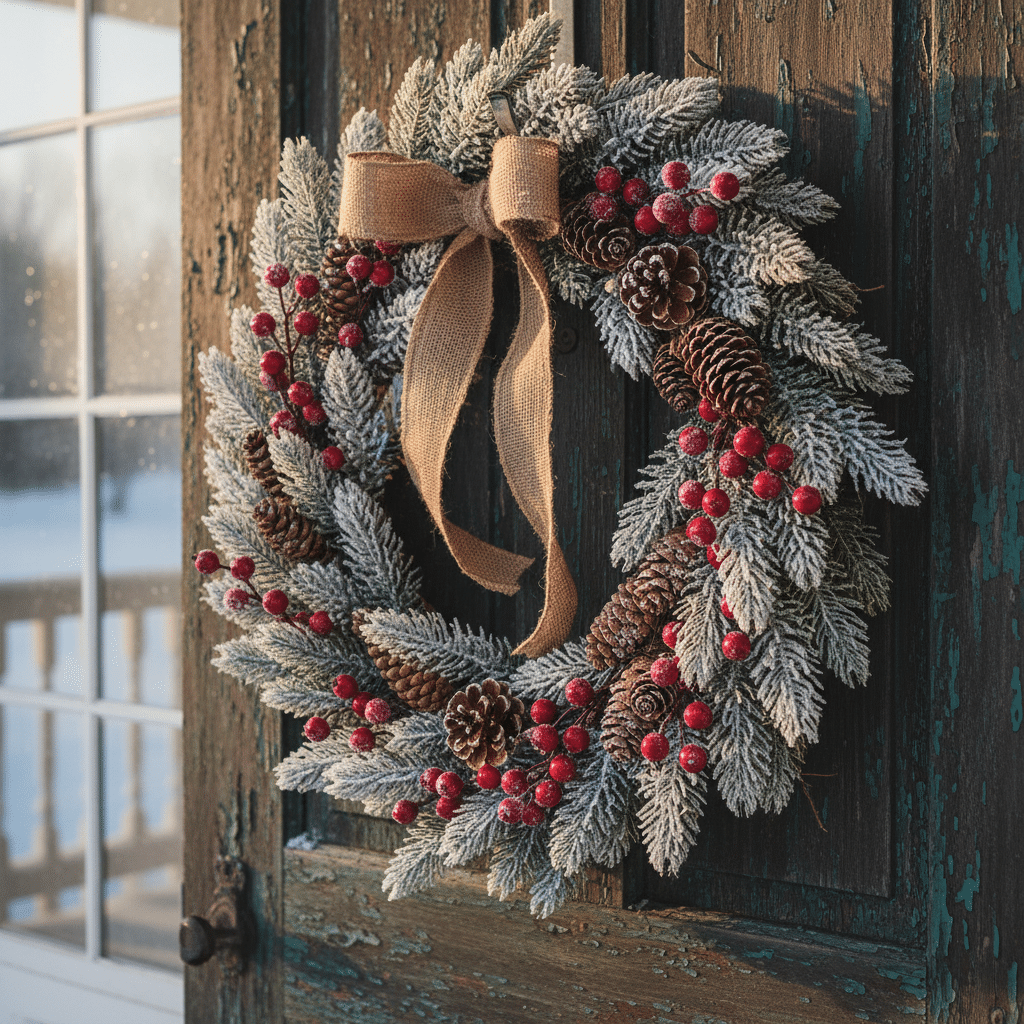 image Festive winter wreath with pine cones, red berries, and a burlap bow on a rustic wooden door. | Sky Rye Design Festive winter wreath with pine cones, red berries, and a burlap bow on a rustic wooden door.