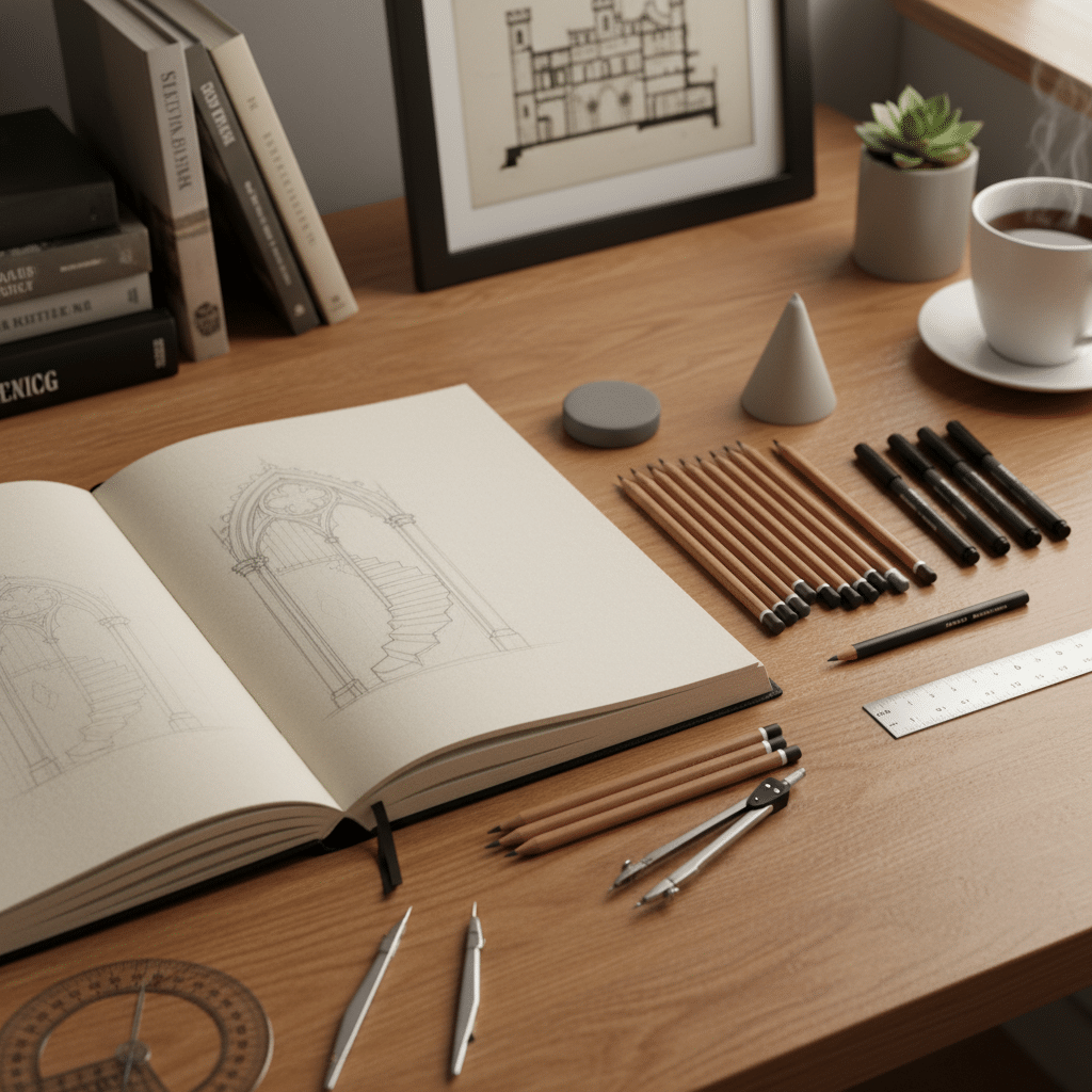 Architect's desk with open sketchbook, pencils, rulers, compass, books, and a steaming cup of tea, artistic ambiance.