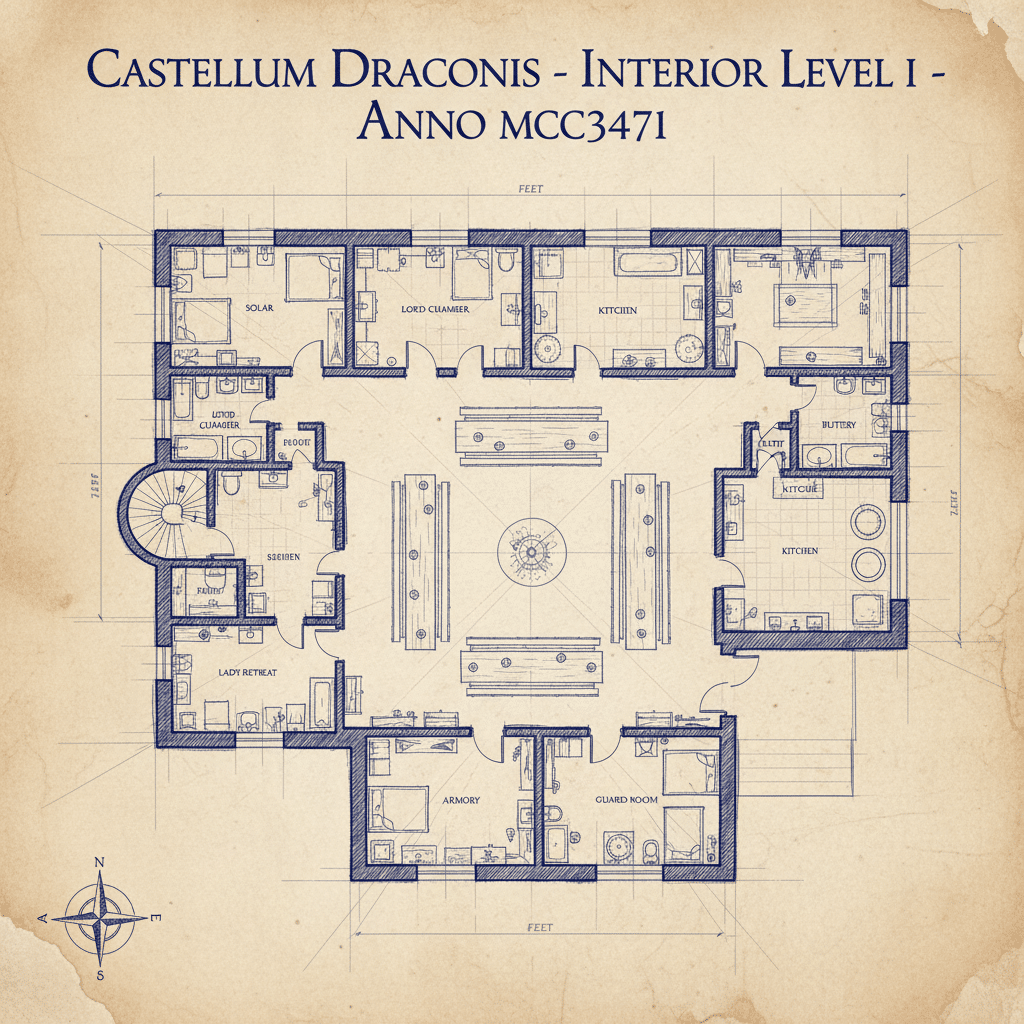 Blueprint of Castellum Draconis interior level 1, dated Anno MCC3471, showing rooms and layout details.