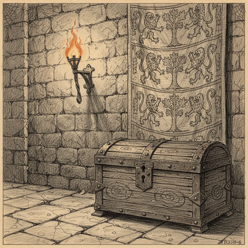 Medieval stone room with torch-lit wall, ornate tapestry, and wooden treasure chest.