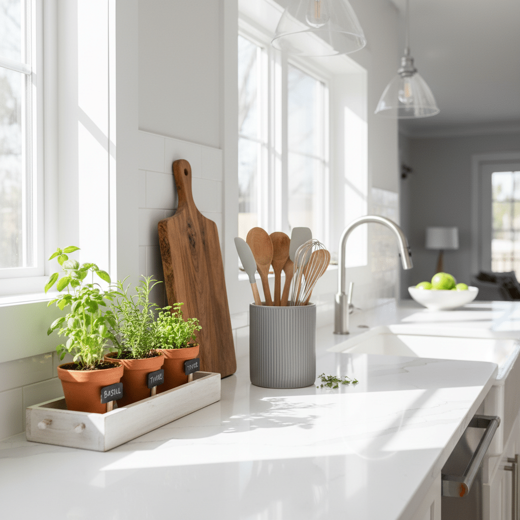 Sunlit kitchen counter with herbs, wooden utensils, and a rustic cutting board, beside a sleek sink and modern decor.