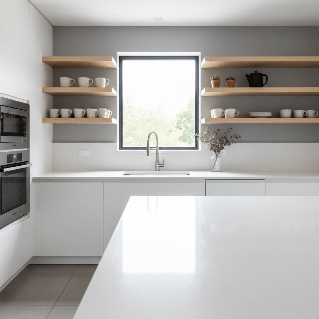 Modern kitchen interior with open shelving, white cabinets, and a stainless steel faucet under a large window.