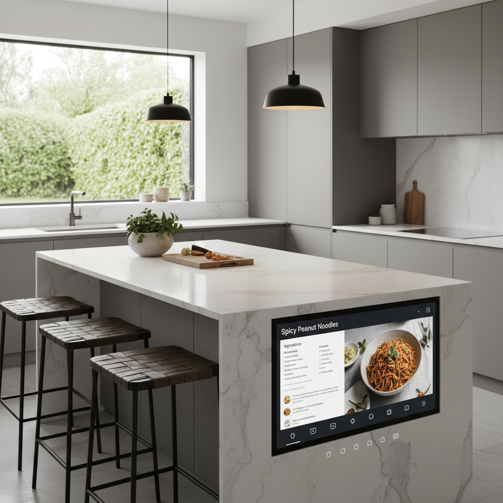 Modern kitchen with sleek design, smart screen on island showing a Spicy Peanut Noodles recipe, elegant stools in view.