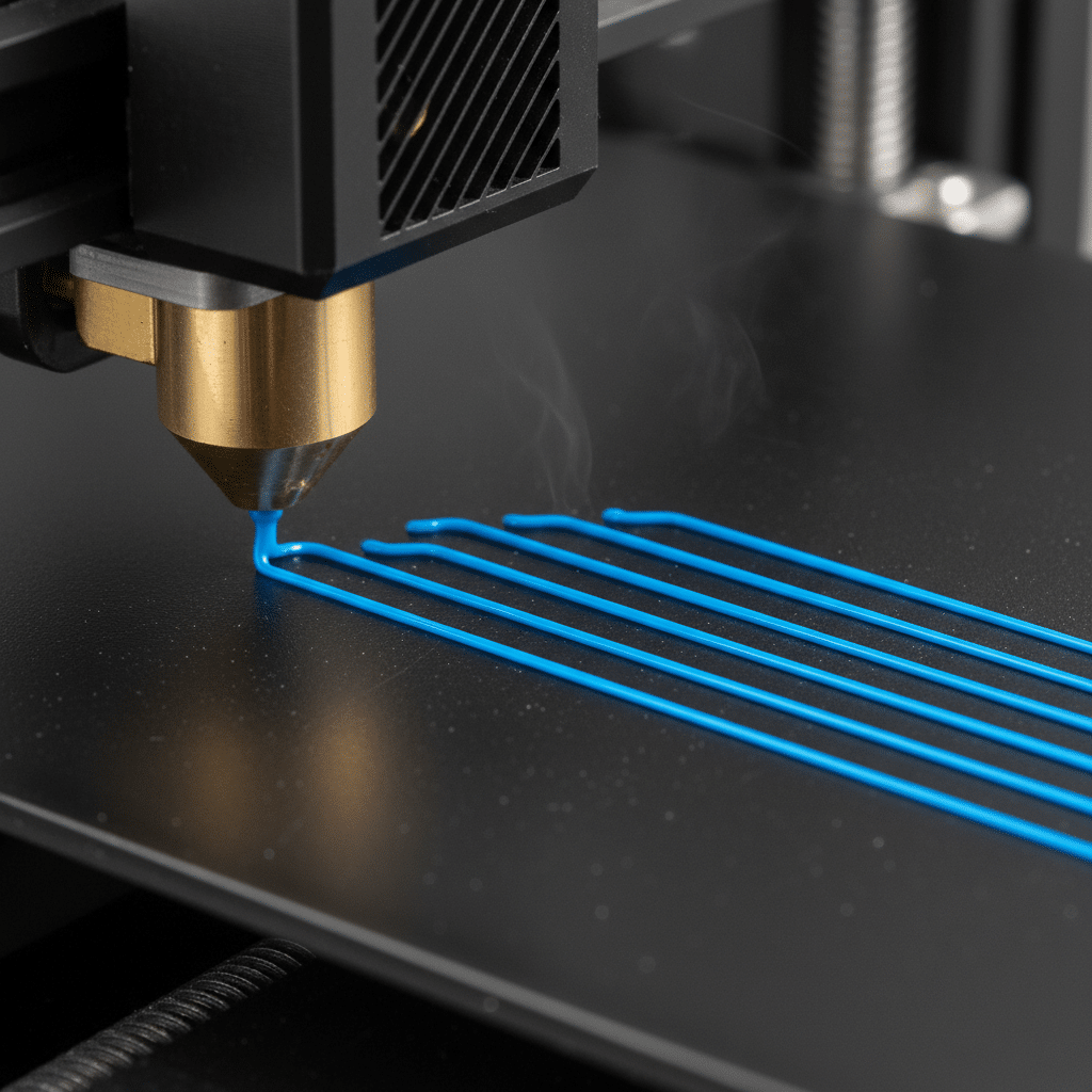 image 3D printer nozzle extruding blue filament, creating precise lines on a flat surface. | Sky Rye Design 3D printer nozzle extruding blue filament, creating precise lines on a flat surface.