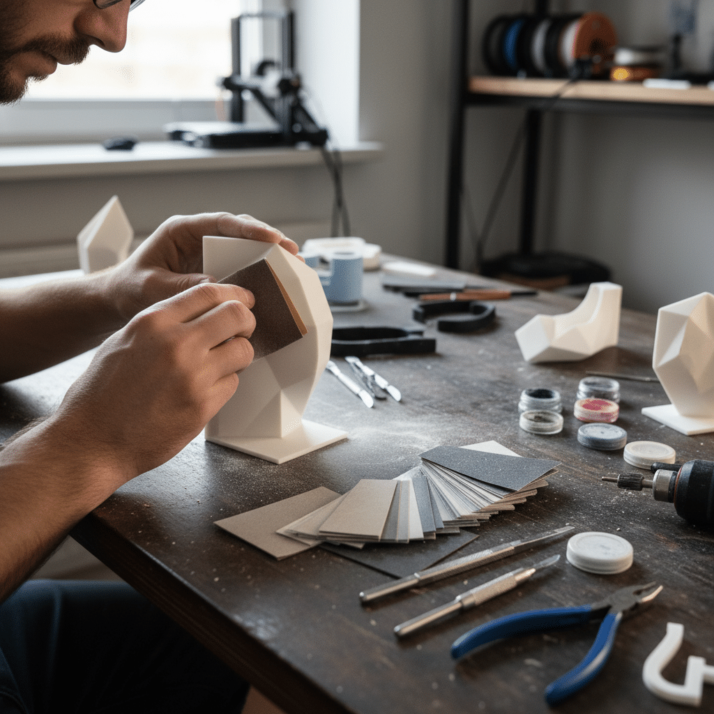 image Person crafting geometric model with tools and materials on a workshop table. | Sky Rye Design Person crafting geometric model with tools and materials on a workshop table.