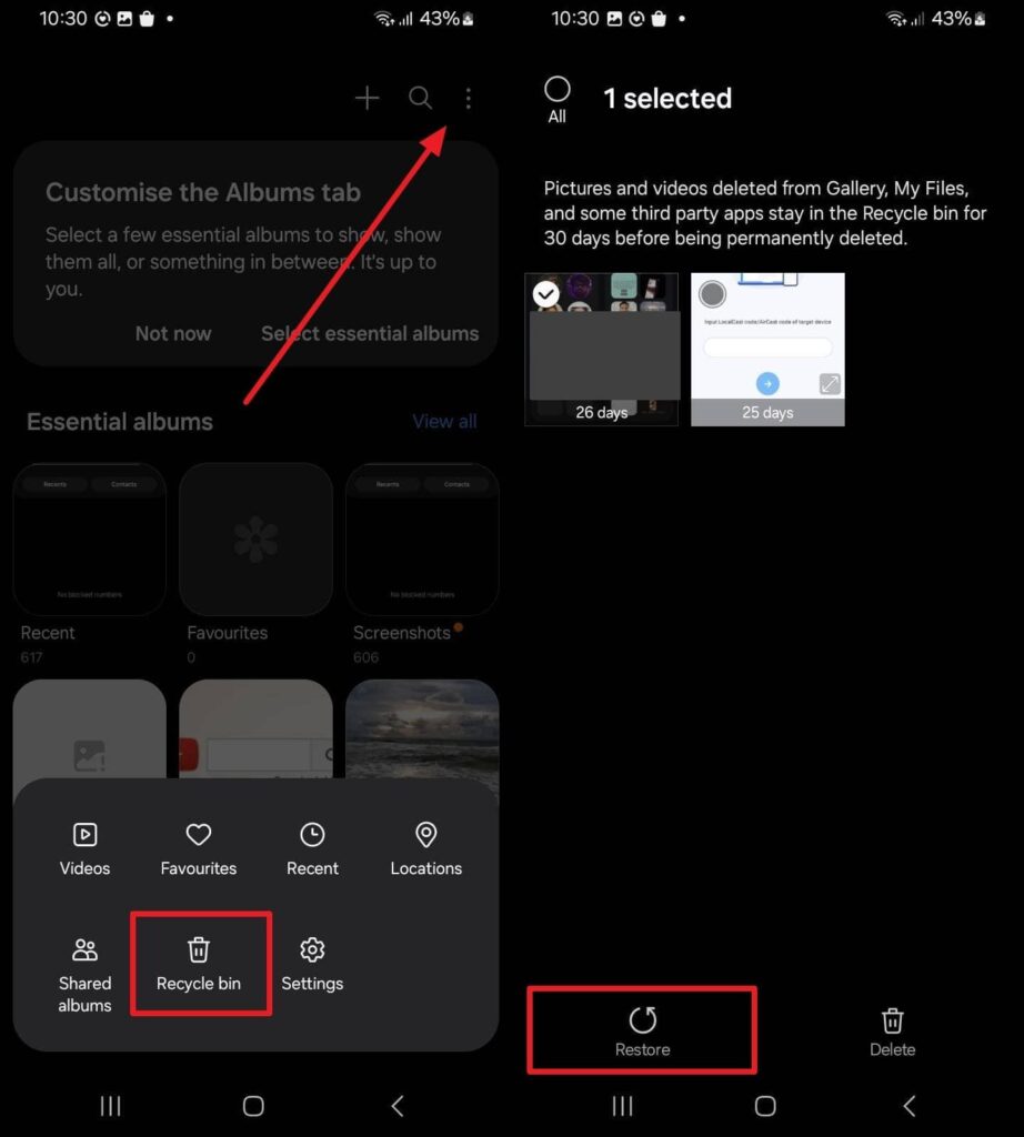 Samsung Galaxy screen showing recycle bin and restore option for photo recovery.