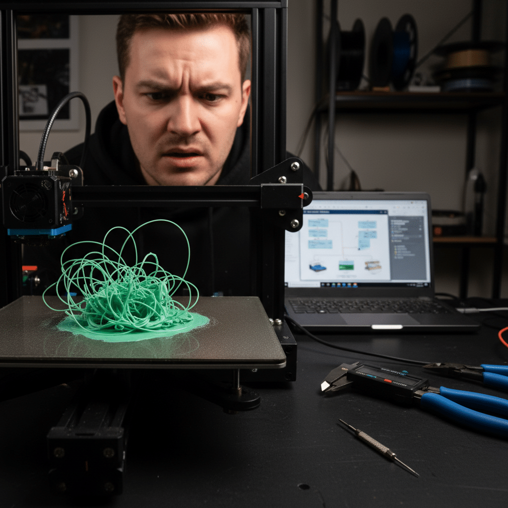 image Man confused by a tangled 3D print failure on printer with tools and laptop in workshop. | Sky Rye Design Man confused by a tangled 3D print failure on printer with tools and laptop in workshop.