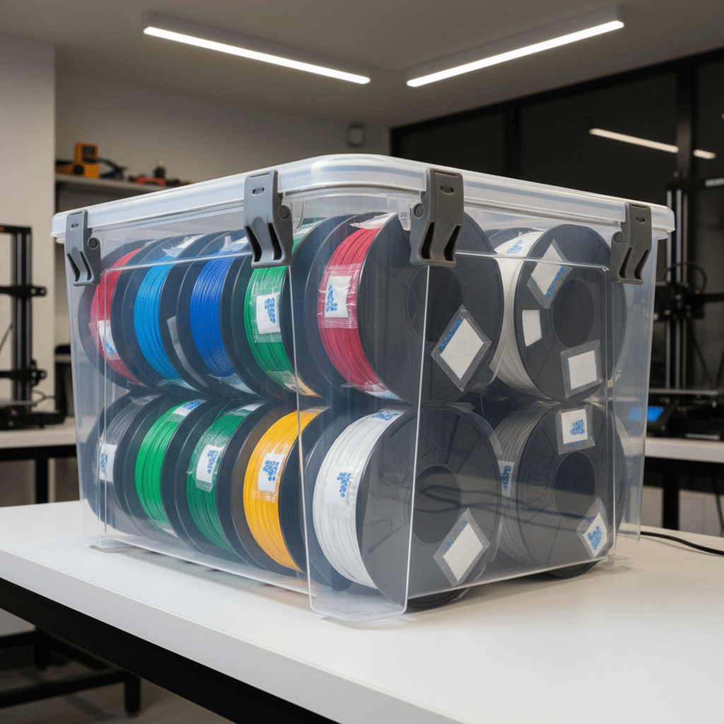 image Stacks of 3D printer filament in a clear plastic storage box on a white table in a workspace. | Sky Rye Design Stacks of 3D printer filament in a clear plastic storage box on a white table in a workspace.