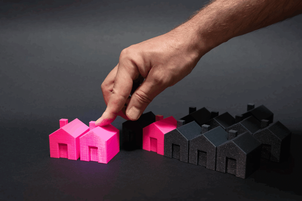 Hand selecting a pink model house from a row of black and pink houses, symbolizing real estate choice.