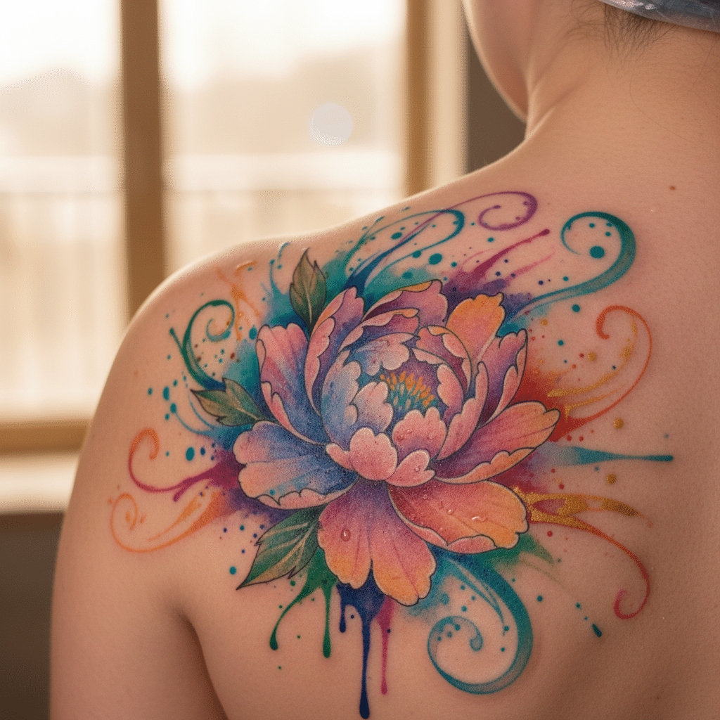 image Colorful flower tattoo on shoulder, featuring vibrant petals and artistic swirls. | Sky Rye Design Colorful flower tattoo on shoulder, featuring vibrant petals and artistic swirls.