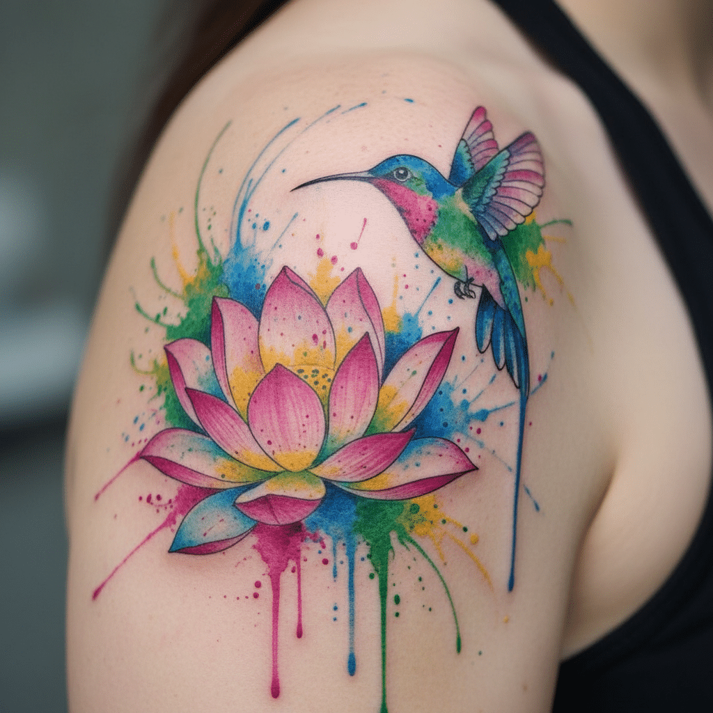 image Colorful lotus and hummingbird watercolor tattoo on shoulder, vibrant splashes of pink, green, and blue. | Sky Rye Design Colorful lotus and hummingbird watercolor tattoo on shoulder, vibrant splashes of pink, green, and blue.