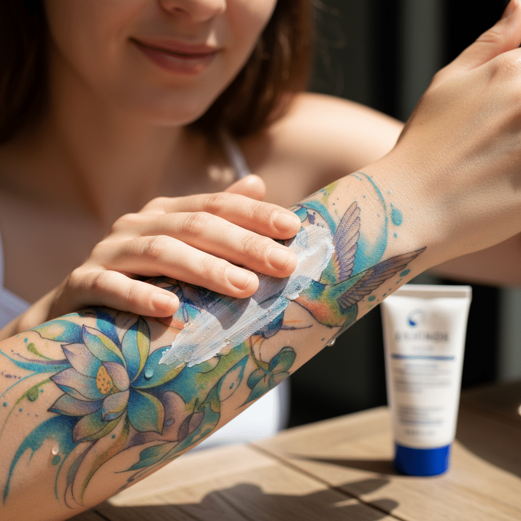 image Woman applying tattoo cream on colorful arm tattoo outdoors. | Sky Rye Design Woman applying tattoo cream on colorful arm tattoo outdoors.