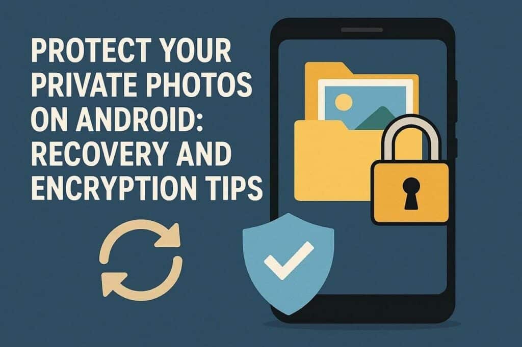 Secure Android photos: recovery and encryption with file folder, lock, shield, and sync icons depicted on screen.