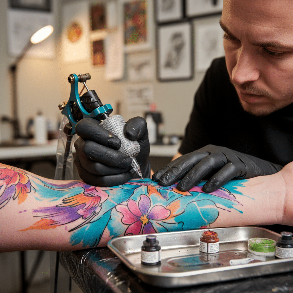 image Tattoo artist creating colorful floral design on forearm in studio, focused on intricate details. | Sky Rye Design Tattoo artist creating colorful floral design on forearm in studio, focused on intricate details.