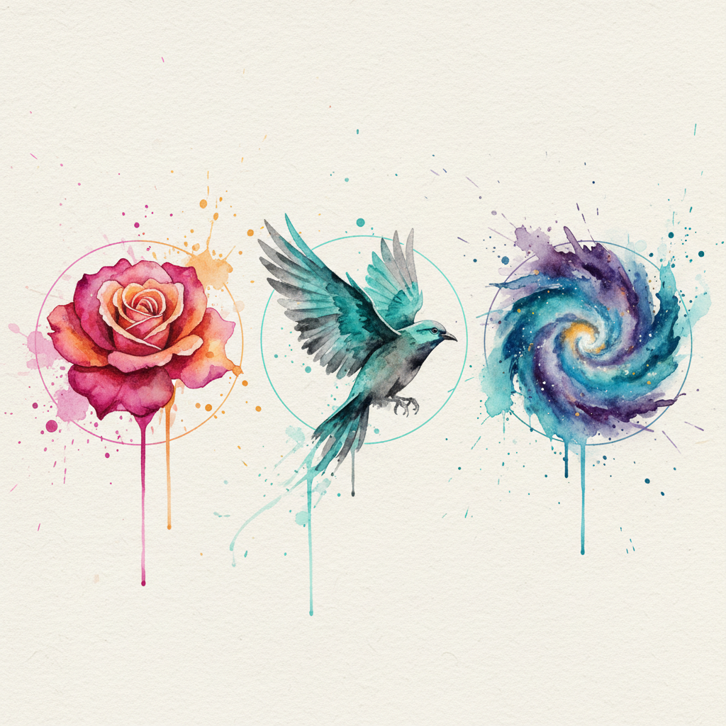 image Watercolor art: pink rose, blue bird in flight, and galaxy swirl with vibrant splashes on textured paper. | Sky Rye Design Watercolor art: pink rose, blue bird in flight, and galaxy swirl with vibrant splashes on textured paper.