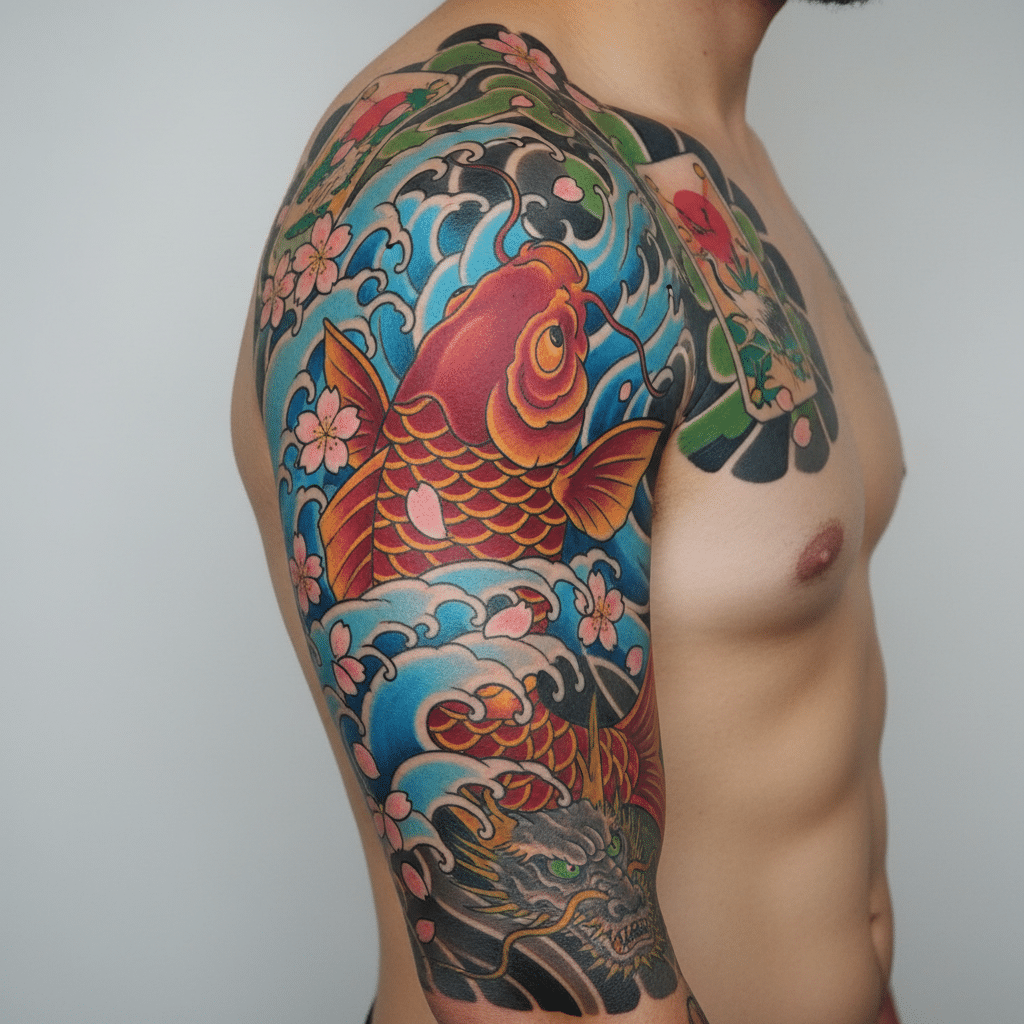 image Colorful koi tattoo design on a man's arm with waves and cherry blossoms, showcasing vibrant Japanese art style. | Sky Rye Design Colorful koi tattoo design on a man's arm with waves and cherry blossoms, showcasing vibrant Japanese art style.